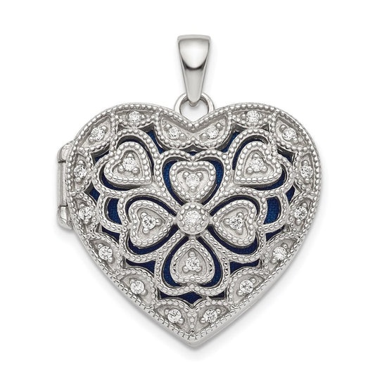 Sterling Silver Rhodium-plated Fancy CZ Heart Locket Pendant