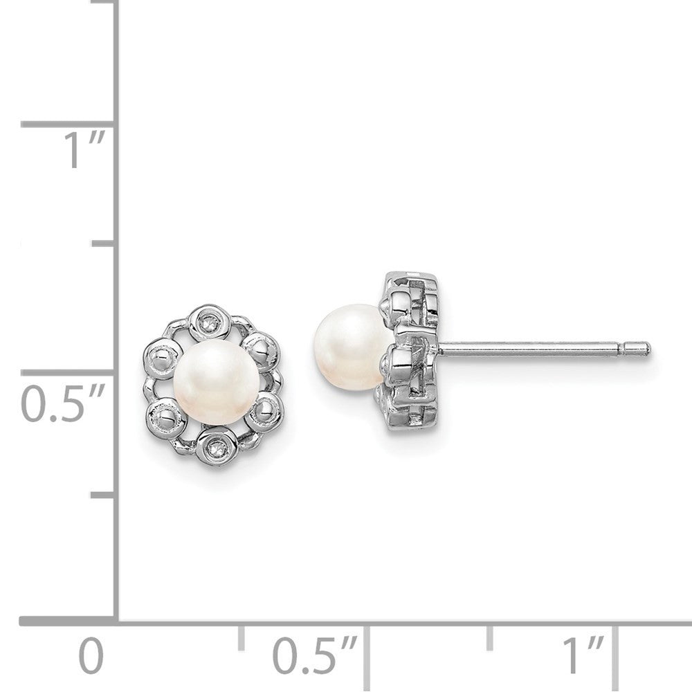 Sterling Silver Rhodium-plated FW Cultured Pearl & Diam. Button Stud Earrings