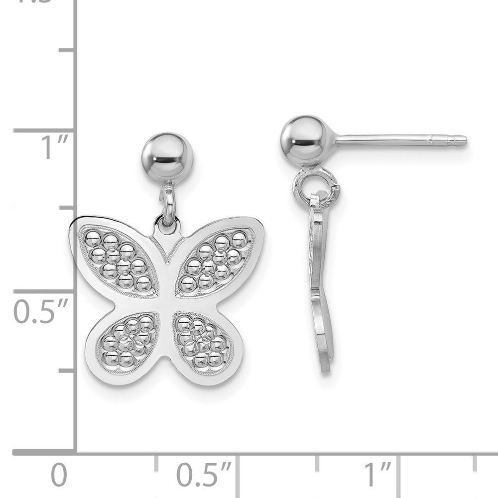 Sterling Silver Rhodium Plated Polished Beaded Butterfly Dangle Earrings