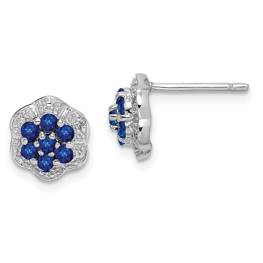 Sterling Silver Rhodium Sapphire & Diamond Button Stud Earrings
