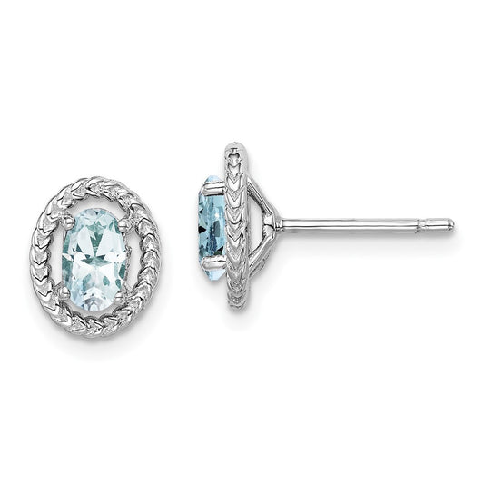 Sterling Silver Rhod-plat Aquamarine Oval Button Stud Earrings