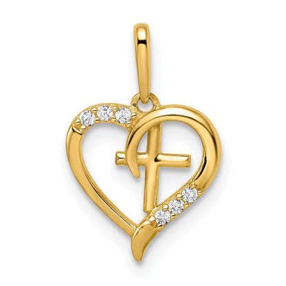 14k Yellow Gold CZ Heart with Cross Pendant