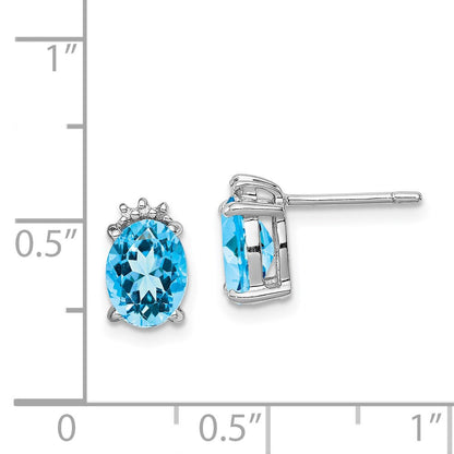 Sterling Silver Rhodium Plated Oval Blue Topaz and Diamond Button Stud Earrings