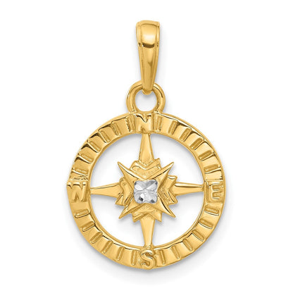14k Yellow Gold and White Rhodium Diamond-Cut Compass Pendant