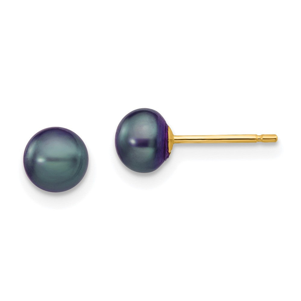 14k Yellow Gold 5-6mm Black Button Freshwater Cultured Pearl Stud Earrings