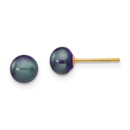 14k Yellow Gold 5-6mm Black Button Freshwater Cultured Pearl Stud Earrings