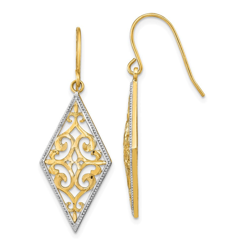 14k Yellow Gold w/Rhodium Diamond Shape Filigree Dangle Earrings