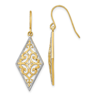 14k Yellow Gold w/Rhodium Diamond Shape Filigree Dangle Earrings
