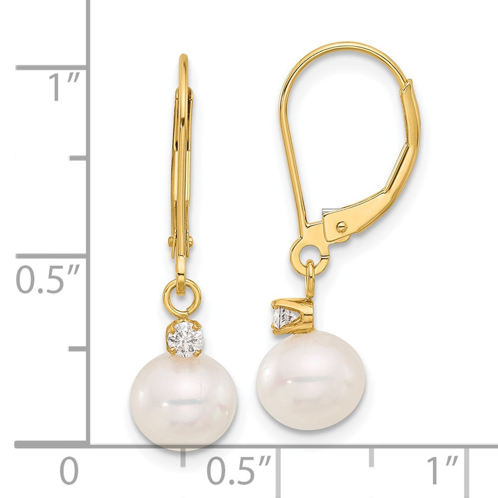14k Yellow Gold 7-8mm Freshwater Cultured Pearl & Diamond Dangle Earrings