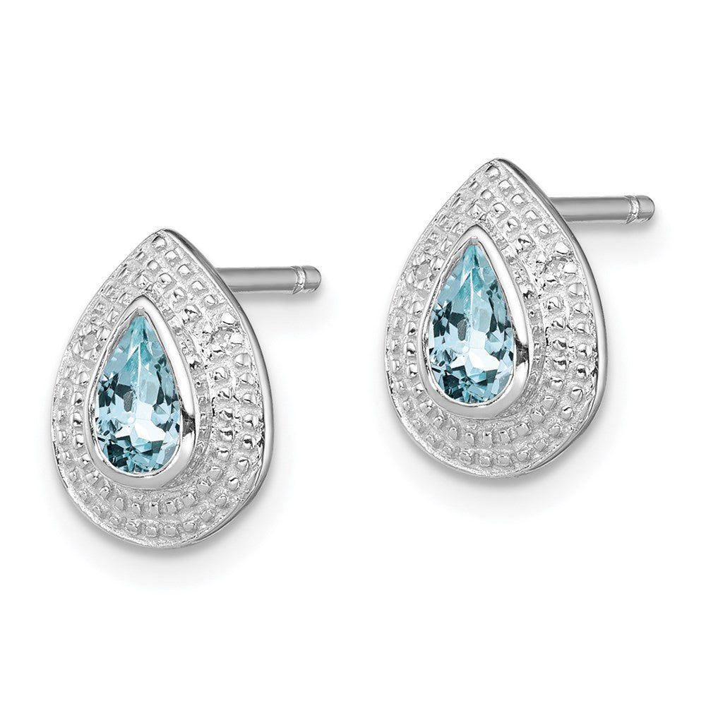 Sterling Silver Rhodium Aqua & Diamond Button Stud Earrings