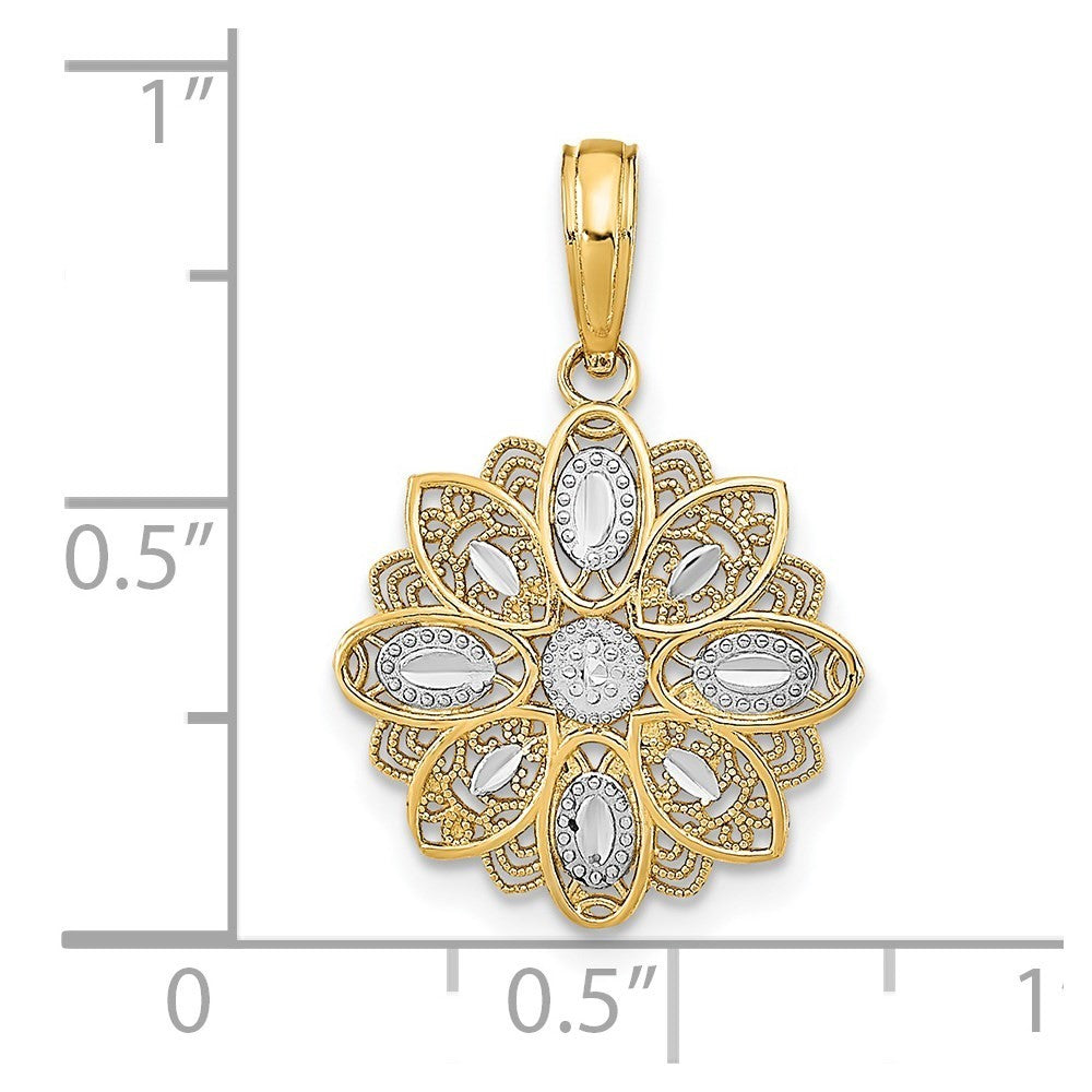 14k Yellow Gold Rhodium and Diamond-Cut Filigree Flower Charm Pendant