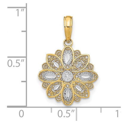 14k Yellow Gold Rhodium and Diamond-Cut Filigree Flower Charm Pendant
