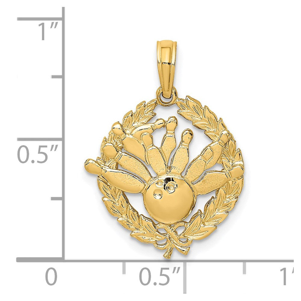 14k Yellow Gold Bowling Story in Leaf Circle Charm Pendant
