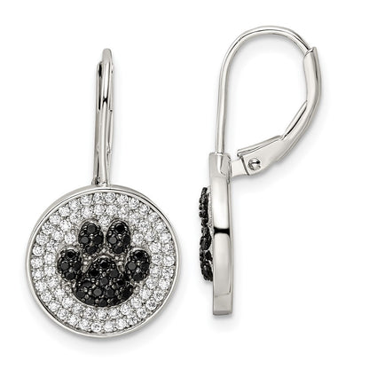 Sterling Silver Rhodium-plated Polished CZ Paw Print Leverback Dangle Earrings