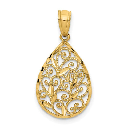 14k Yellow Gold Polished and Textured Small Filigree Teardrop Pendant