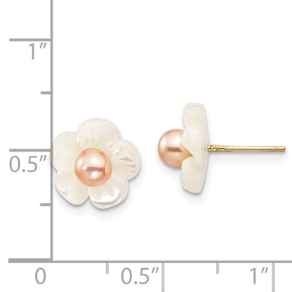 14k Yellow Gold 4mm Pink Cultured Pearl & Mother of Pearl Flower Stud Earrings