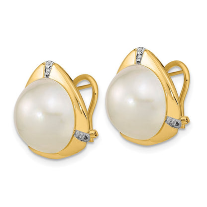 14k Yellow Gold Saltwater Cultured Pearl and Diamond Stud Earrings Omega Back