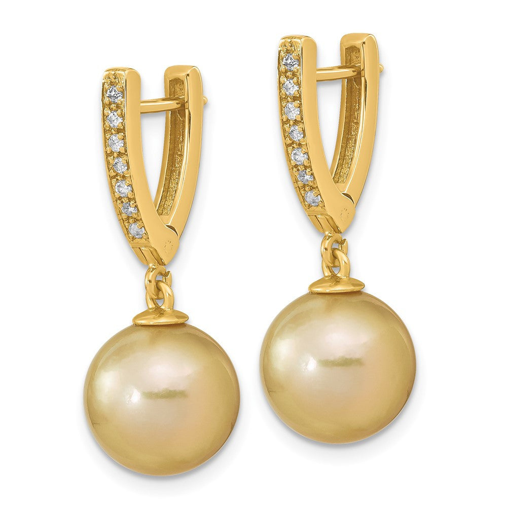14k Gold Golden South Sea Saltwater Cultured Pearl & Diamond Dangle Earrings