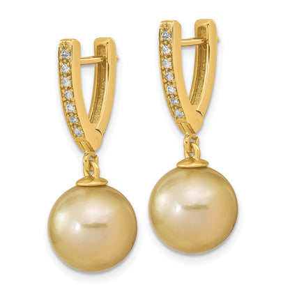 14k Gold Golden South Sea Saltwater Cultured Pearl & Diamond Dangle Earrings