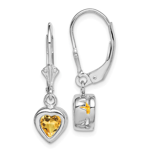 Sterling Silver Rhodium Plated 6mm Heart Citrine Leverback Dangle Earrings
