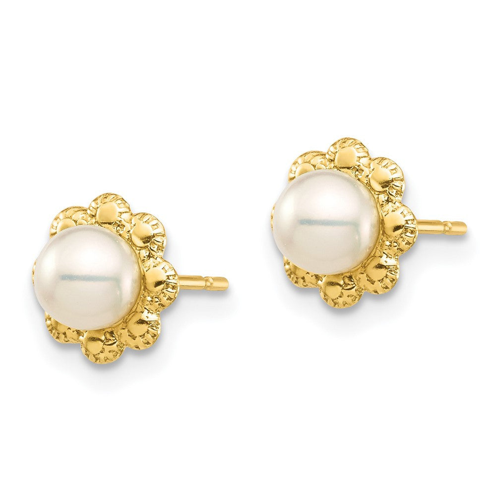 14k Yellow Gold Button Cultured Pearl Flower Stud Earrings with Silicone Backs