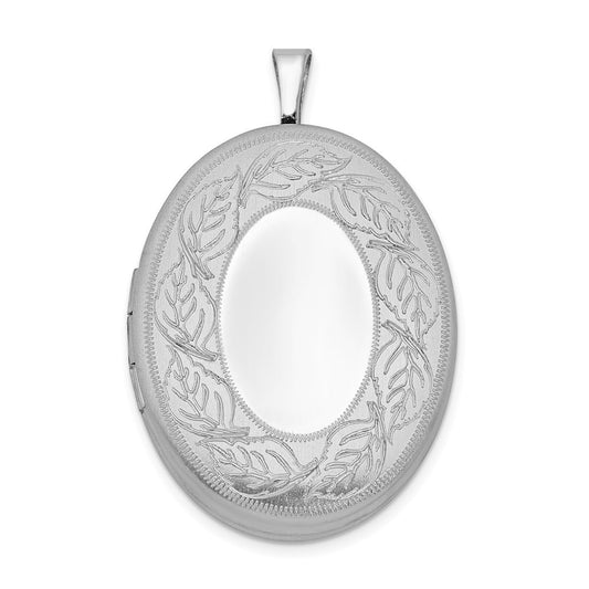 Sterling Silver Rhodium-plated 26mm Leaf Border Oval Locket Pendant