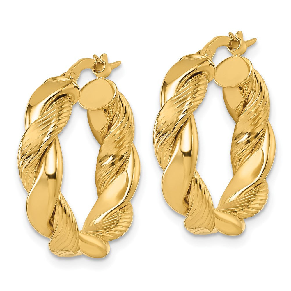 14k Yellow Gold Polished and Textured Twisted Hoop Earrings