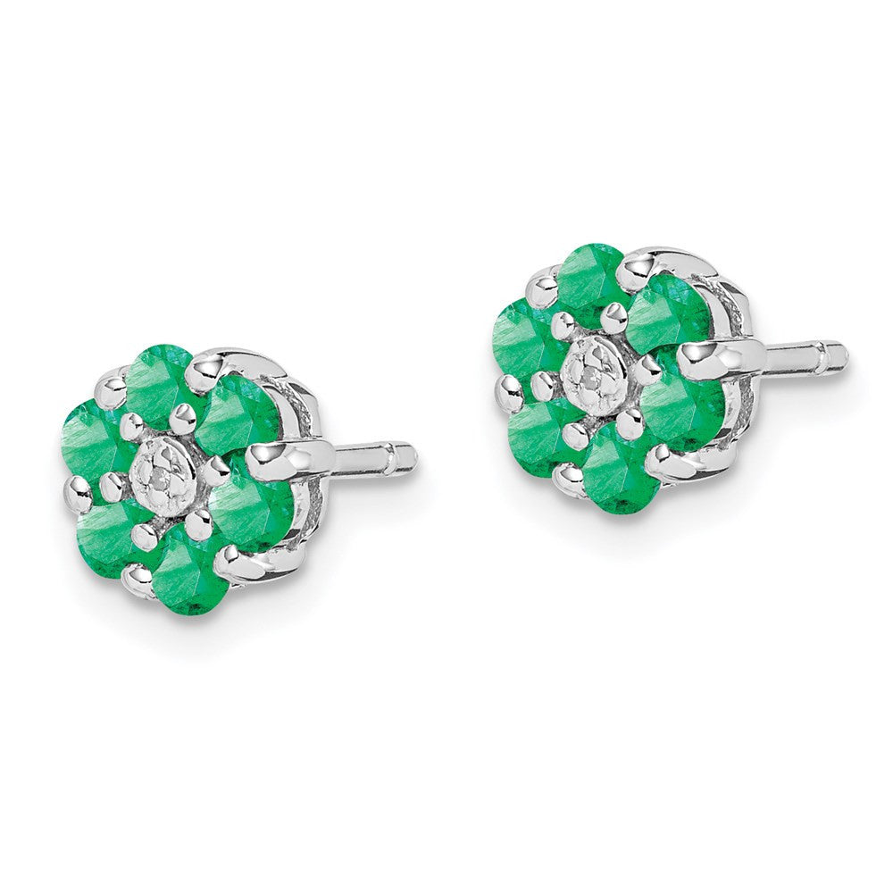 Sterling Silver Rhodium Emerald & Diamond Button Stud Earrings