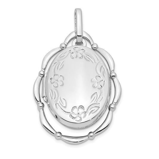 Sterling Silver Rhodium-plated 21x16mm Floral Oval Locket Pendant
