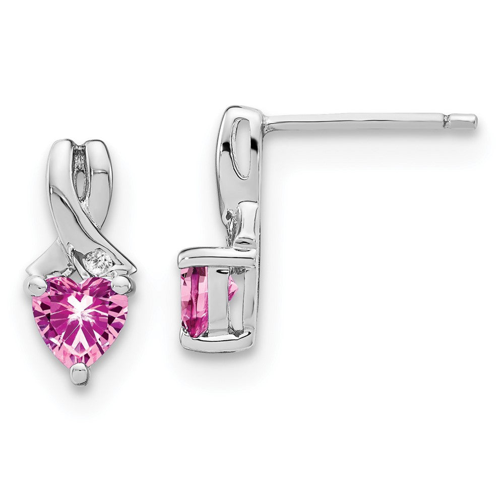 Sterling Silver Rhod-plated Created Pink Sapphire/Diamond Dangle Earrings