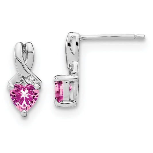 Sterling Silver Rhod-plated Created Pink Sapphire/Diamond Dangle Earrings
