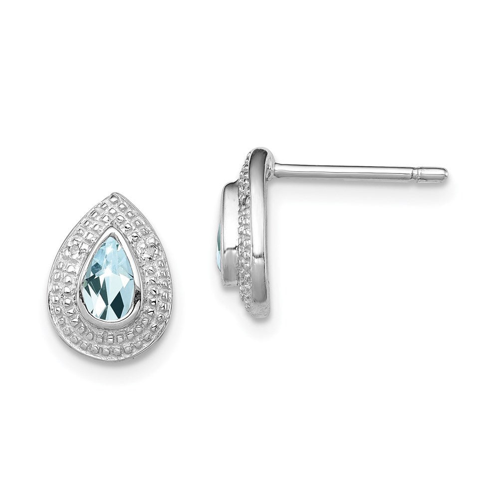 Sterling Silver Rhodium Aqua & Diamond Button Stud Earrings