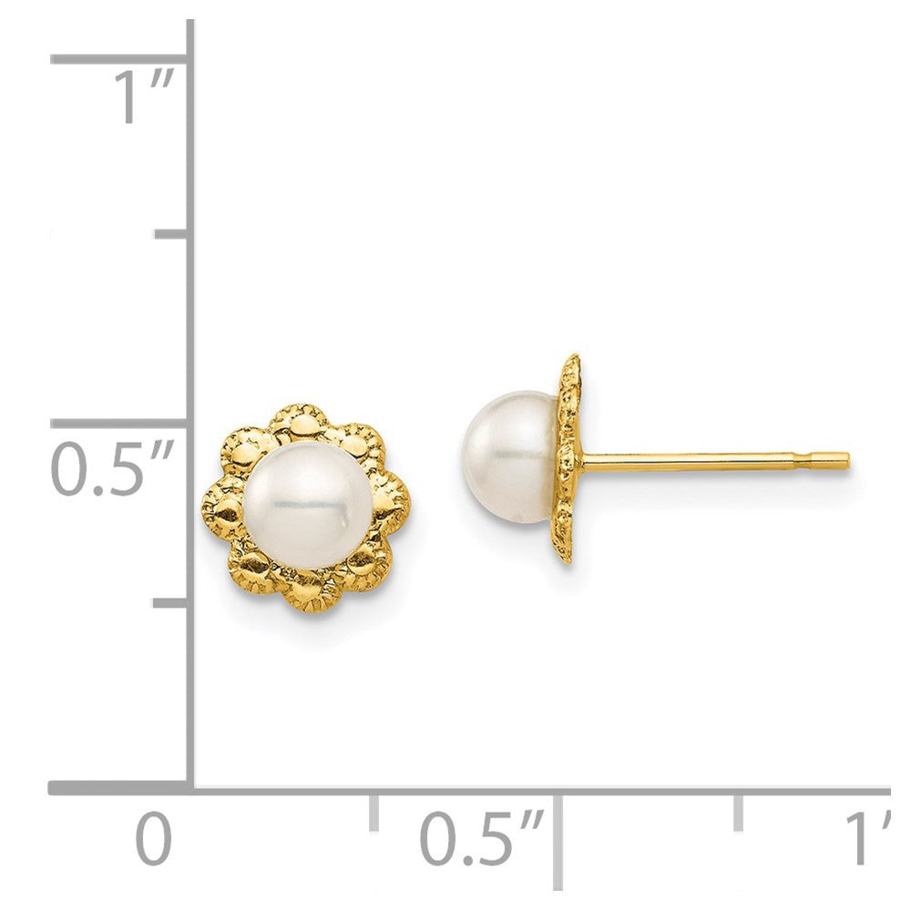 14k Yellow Gold Button Cultured Pearl Flower Stud Earrings with Silicone Backs