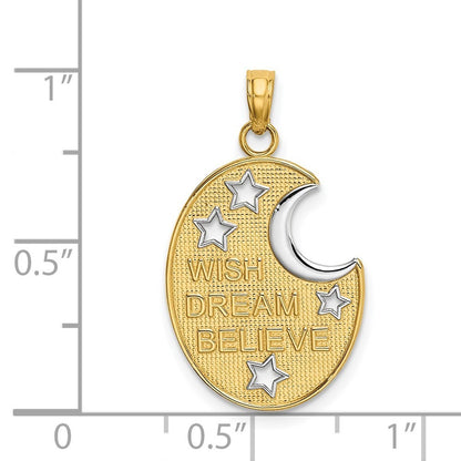 14k Yellow Gold Rhodium WISH DREAM BELIEVE Moon and Stars Charm Pendant