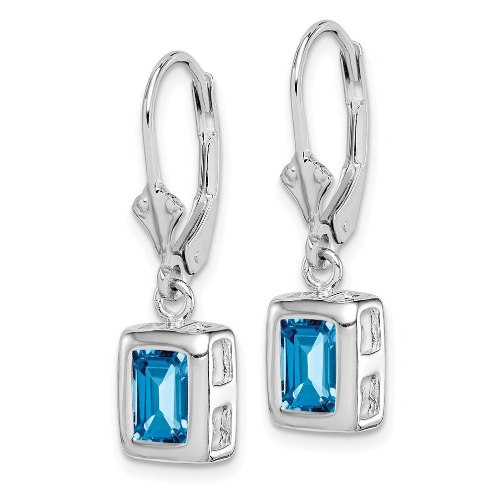 Sterling Silver RH Plated 7x5 Emerald Cut Blue Topaz Leverback Dangle Earrings