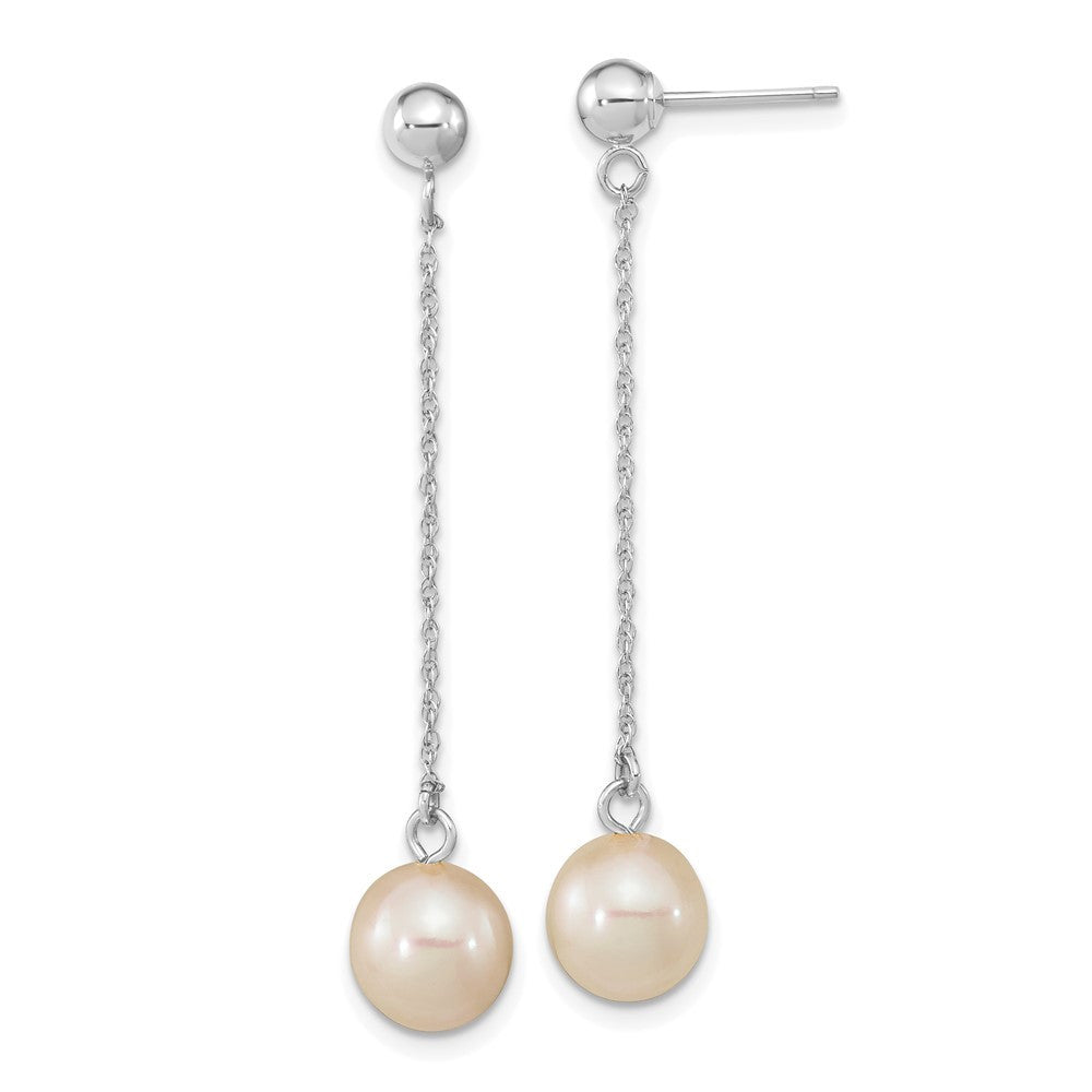 14K White Gold 7-8mm White Round Freshwater Cultured Pearl Dangle Earrings