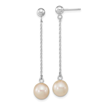 14K White Gold 7-8mm White Round Freshwater Cultured Pearl Dangle Earrings