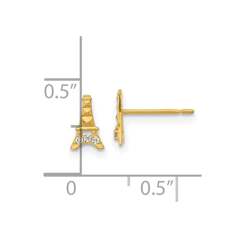 14k Yellow Gold Kids CZ Eiffel Tower Button Stud Earrings