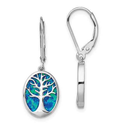 Sterling Silver Rhod-plated Creat Opal Tree of Life Leverback Dangle Earrings