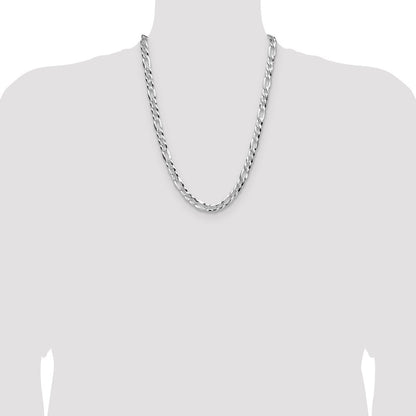 Sterling Silver 8.0mm Flat Diamond-Cut Pave Figaro Chain Necklace 24"