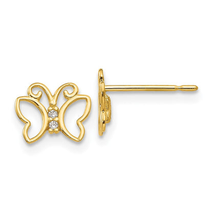 14k Yellow Gold CZ Children's Butterfly Button Stud Earrings