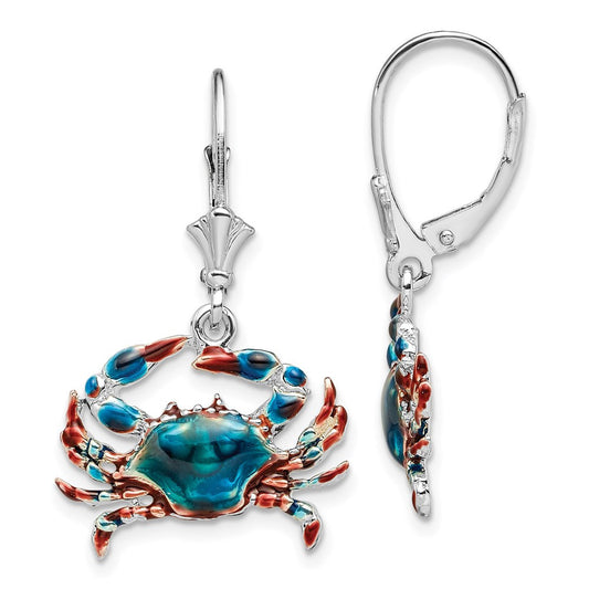 Sterling Silver Rhodium-Plated Enameled Blue Crab Leverback Dangle Earrings