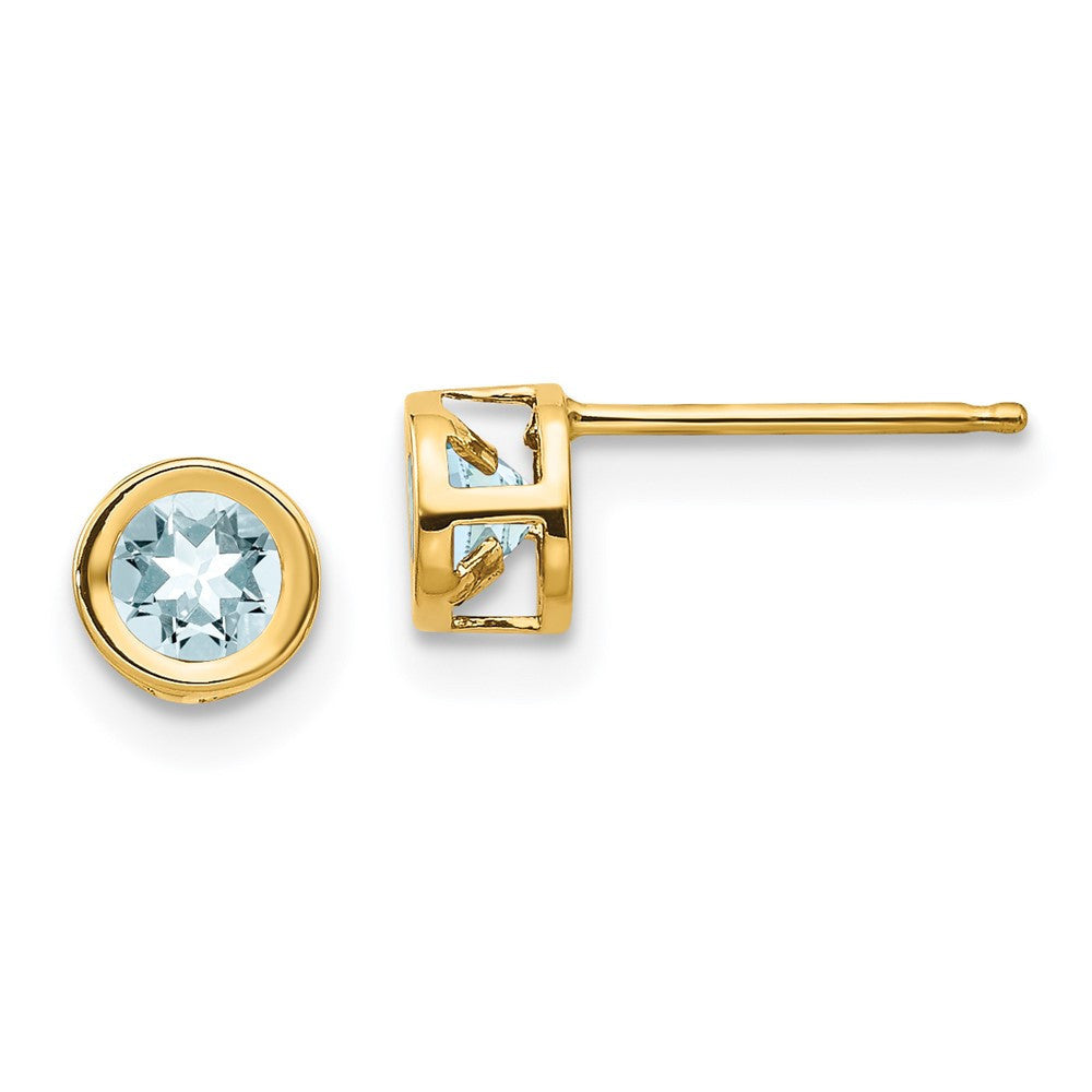 14k Yellow Gold 4mm Bezel March/Aquamarine Stud Earrings