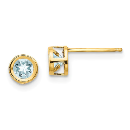 14k Yellow Gold 4mm Bezel March/Aquamarine Stud Earrings
