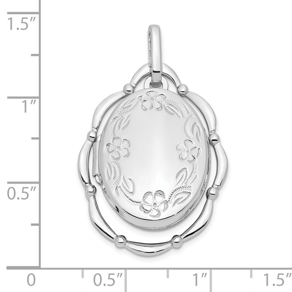 Sterling Silver Rhodium-plated 21x16mm Floral Oval Locket Pendant