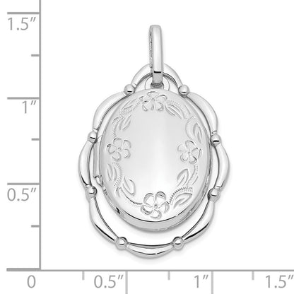 Sterling Silver Rhodium-plated 21x16mm Floral Oval Locket Pendant