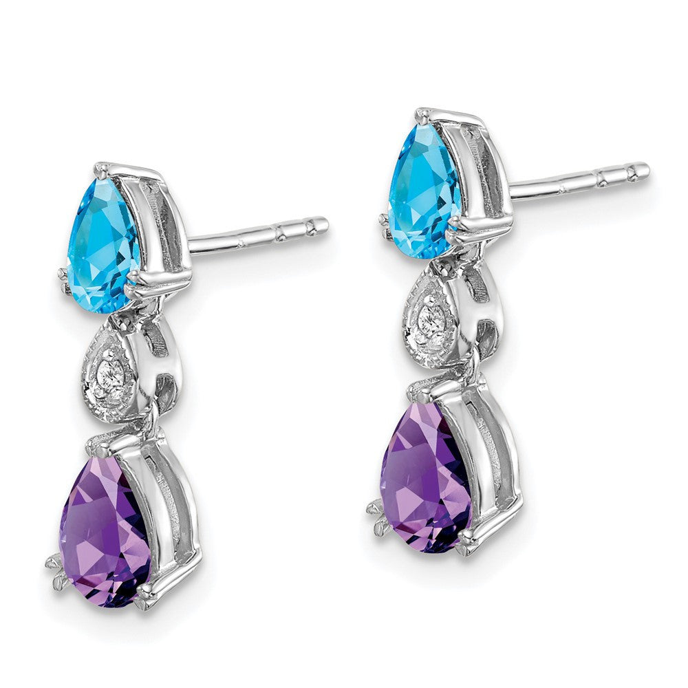 14k White Gold Blue Topaz/Amethyst/Diamond Dangle Earrings