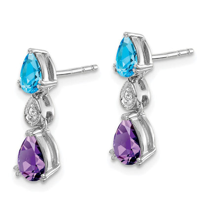 14k White Gold Blue Topaz/Amethyst/Diamond Dangle Earrings