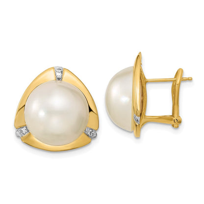 14k Yellow Gold Saltwater Cultured Pearl and Diamond Stud Earrings Omega Back