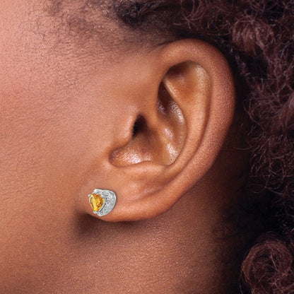 Sterling Silver Rhodium-plated Citrine and Diamond Button Stud Earrings